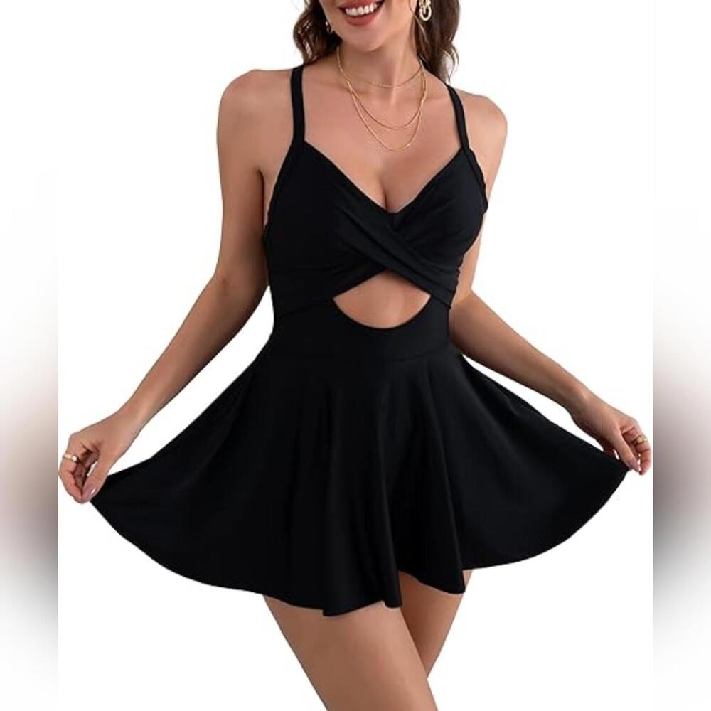 🌿 Black Twist-Front Skirted One-Piece Swimsuit